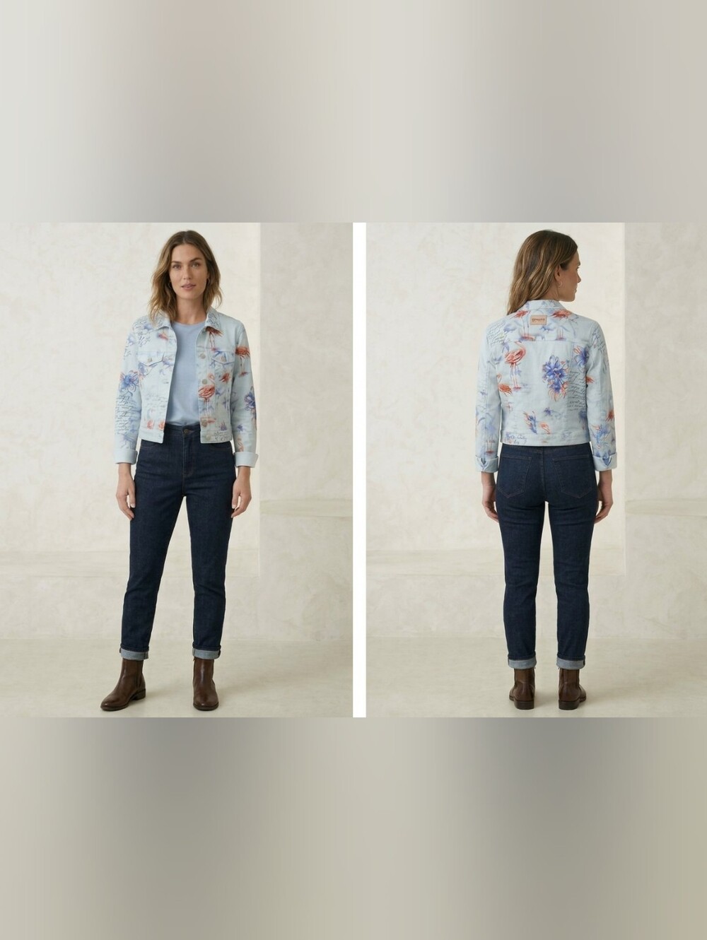 Chico's 'BON VOYAGE'Light Blue Printed Denim Jacket with Floral & Bird Motifhico